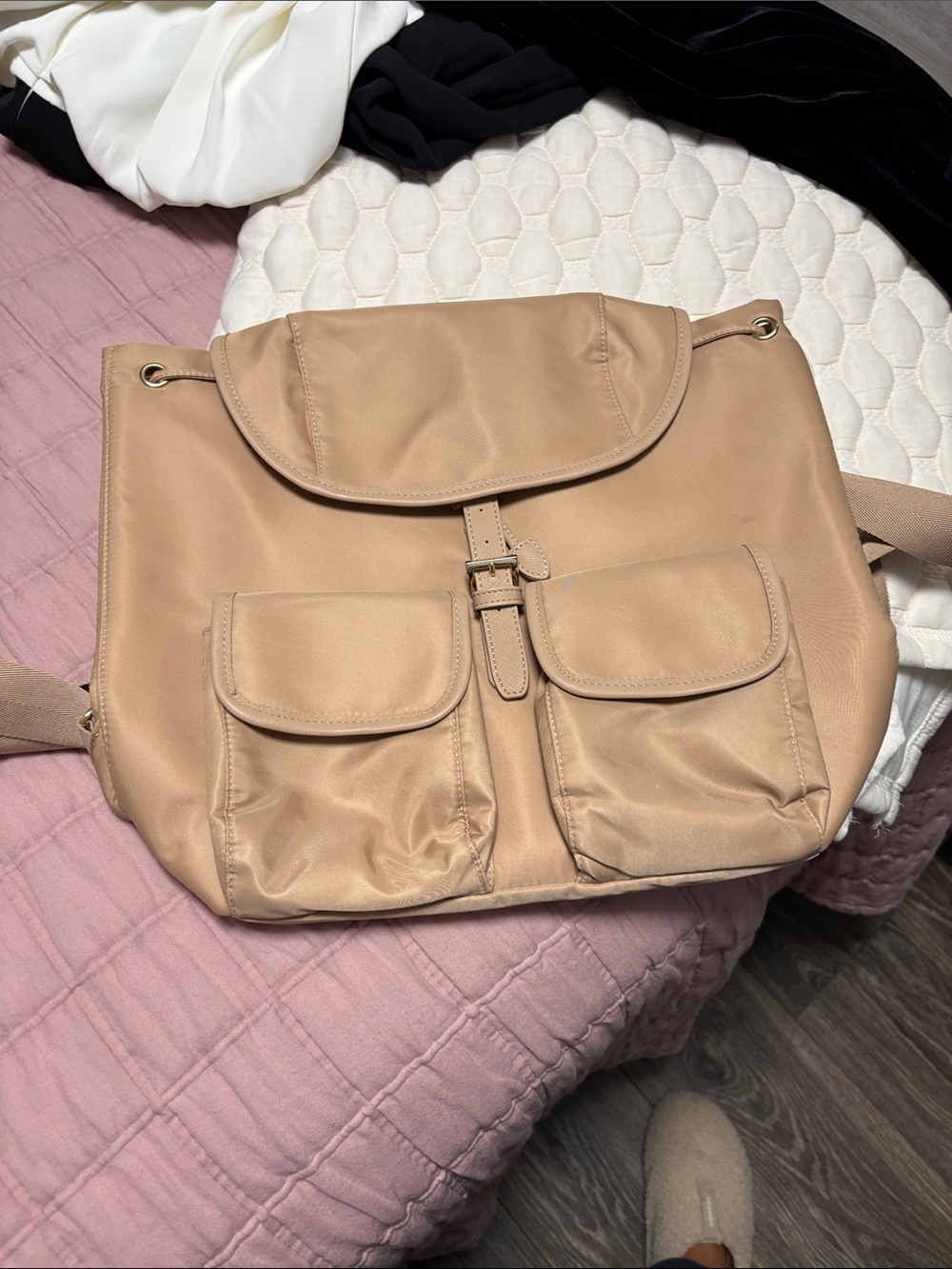 Year of Ours Beige Backpack Tote with Front Pockets